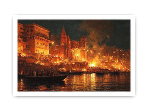 Moody riverside city canvas art with firelight and boats for dramatic decor.