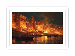 Moody riverside city canvas art with firelight and boats for dramatic decor.