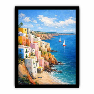 Vertical Mediterranean cliffside village canvas art with blue ocean for coastal decor.