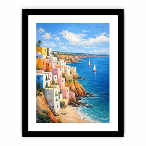Vertical Mediterranean cliffside village canvas art with blue ocean for coastal decor.