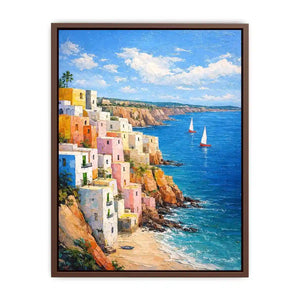 Vertical Mediterranean cliffside village canvas art with blue ocean for coastal decor.