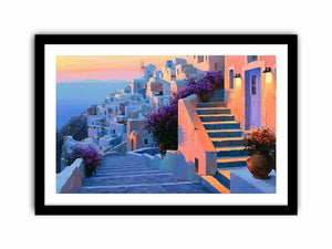 Santorini village stairs canvas art with flowers and sunset for Mediterranean decor.