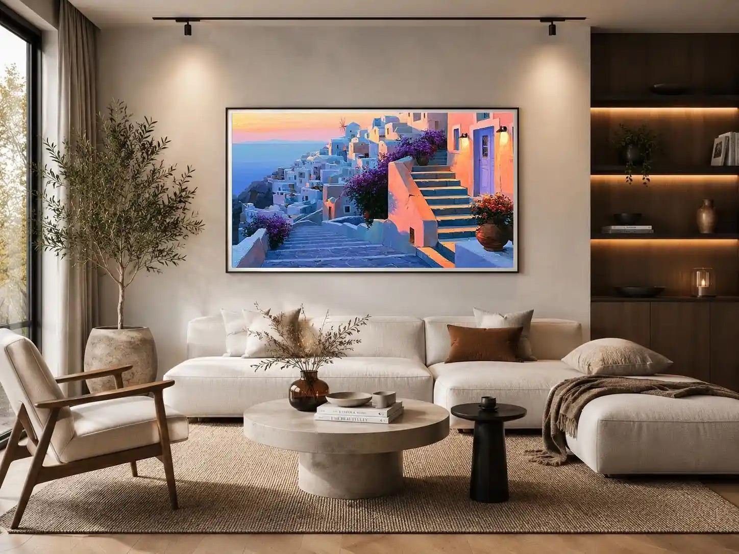 Santorini village stairs canvas art with flowers and sunset for Mediterranean decor.