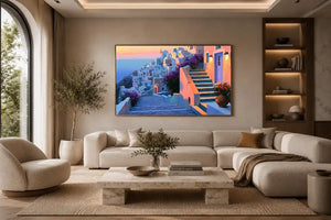 Santorini village stairs canvas art with flowers and sunset for Mediterranean decor.