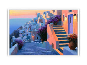 Santorini village stairs canvas art with flowers and sunset for Mediterranean decor.