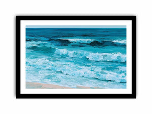 Horizontal turquoise ocean wave canvas art for calming coastal living room decor.