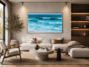 Horizontal turquoise ocean wave canvas art for calming coastal living room decor.