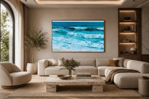Horizontal turquoise ocean wave canvas art for calming coastal living room decor.