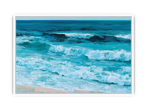 Horizontal turquoise ocean wave canvas art for calming coastal living room decor.
