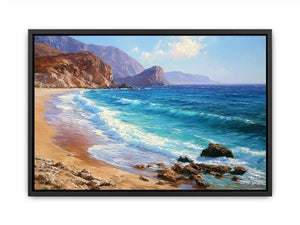 Coastal beach canvas art with blue waves and cliffs for relaxed living room decor.