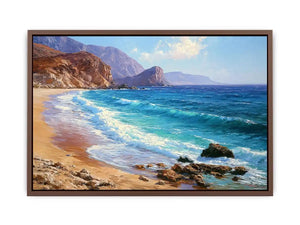 Coastal beach canvas art with blue waves and cliffs for relaxed living room decor.