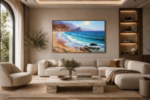 Coastal beach canvas art with blue waves and cliffs for relaxed living room decor.
