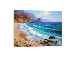 Coastal beach canvas art with blue waves and cliffs for relaxed living room decor.