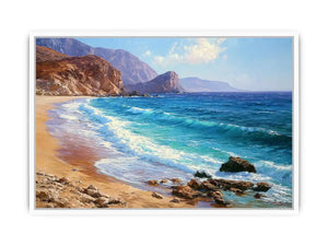 Coastal beach canvas art with blue waves and cliffs for relaxed living room decor.