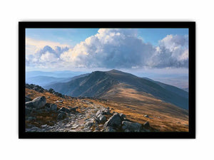 Horizontal mountain landscape canvas art with clouds for calm modern room decor.
