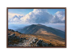 Horizontal mountain landscape canvas art with clouds for calm modern room decor.