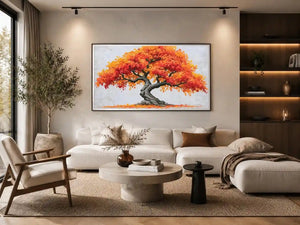 Autumn bonsai tree canvas art with orange leaves for warm modern room decor.