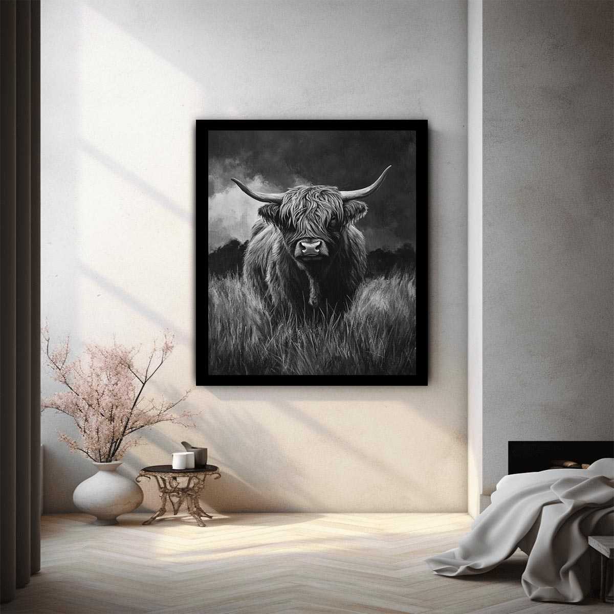 Highlind Cow In Black And White Painting