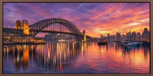 Panoramic harbour bridge sunset canvas art for sophisticated living room decor.