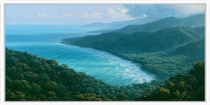 Tropical coastal rainforest canvas art with ocean and misty green hills for modern bedroom decor.