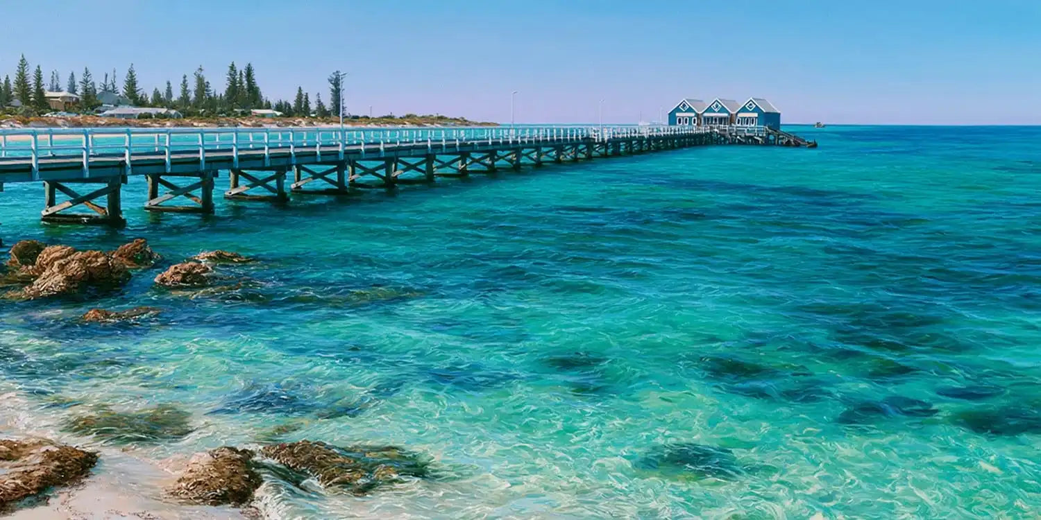 Turquoise seaside jetty canvas art with clear ocean water for coastal living room or beach house decor.
