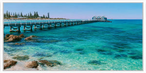 Turquoise seaside jetty canvas art with clear ocean water for coastal living room or beach house decor.