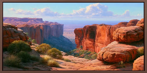 Red desert canyon canvas art with sandstone cliffs for warm southwestern living room decor.