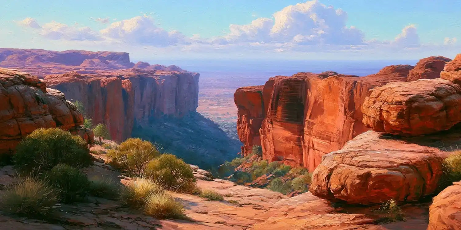 Red desert canyon canvas art with sandstone cliffs for warm southwestern living room decor.