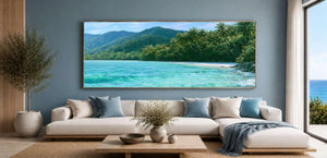 Tropical palm beach canvas art with turquoise lagoon water for coastal bedroom and living room decor.