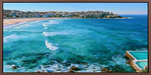Bondi Beach ocean canvas art with rolling turquoise waves for modern coastal living room decor.