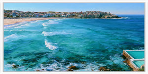 Bondi Beach ocean canvas art with rolling turquoise waves for modern coastal living room decor.