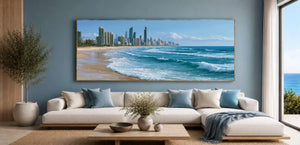 Gold Coast beach skyline canvas art with ocean waves for modern coastal office or living room decor.