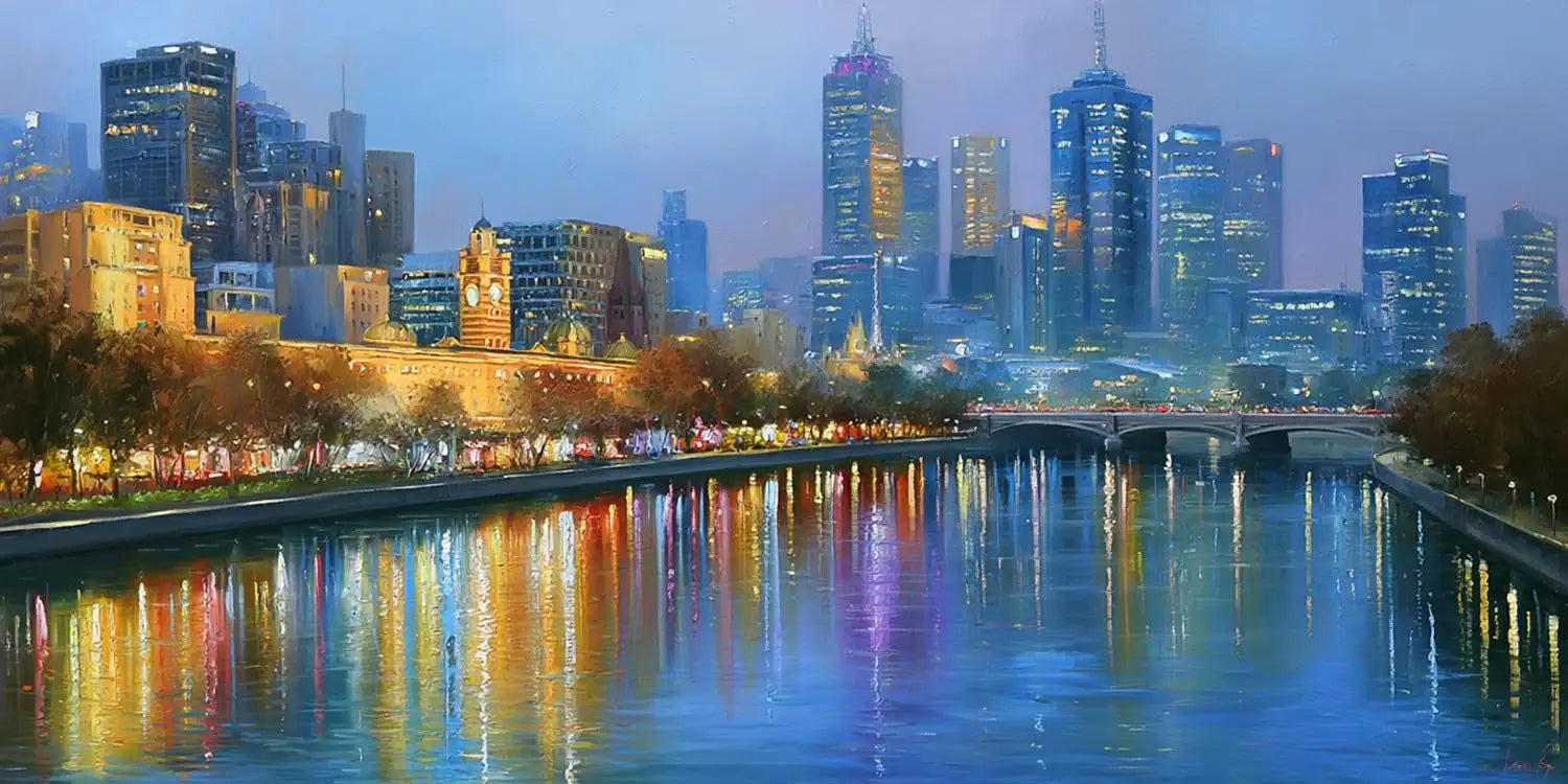 Melbourne blue hour canvas art with city skyline and river reflections for elegant office decor.