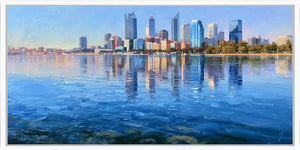 Perth skyline canvas art with calm waterfront reflections for modern living room and office decor.