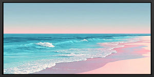 Soft pastel beach canvas art with turquoise waves for calming bedroom decor.