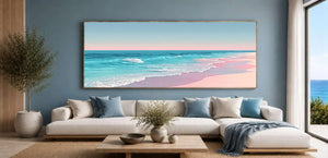Soft pastel beach canvas art with turquoise waves for calming bedroom decor.