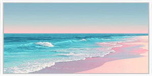 Soft pastel beach canvas art with turquoise waves for calming bedroom decor.