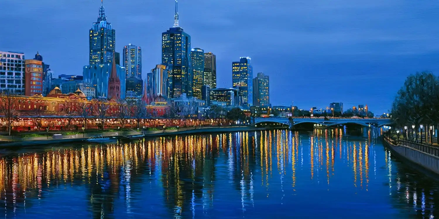 Yarra River night canvas art with Melbourne skyline and glowing reflections for luxury office decor.