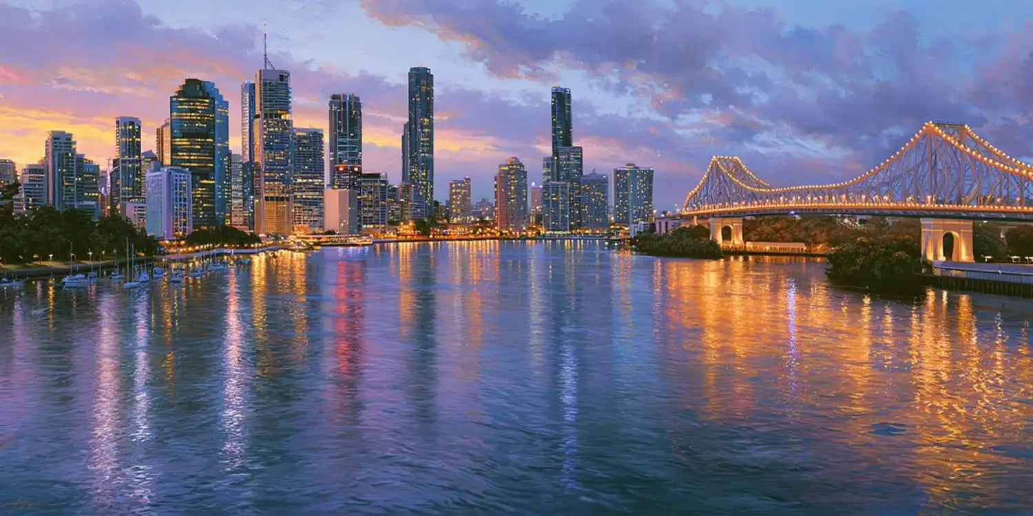 Brisbane twilight bridge canvas art with river reflections for modern luxury living room decor.