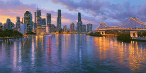 Brisbane twilight bridge canvas art with river reflections for modern luxury living room decor.
