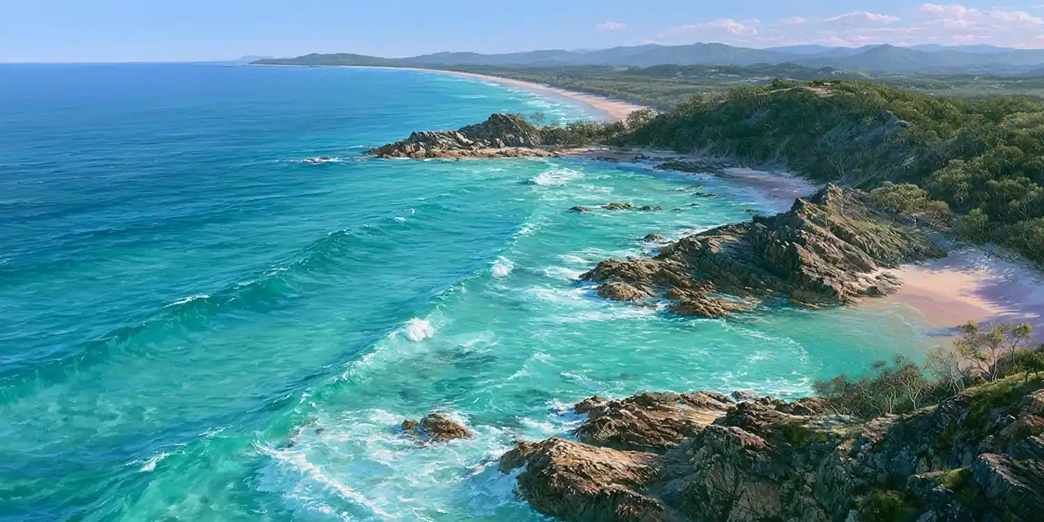 Panoramic coastal canvas art with turquoise ocean, rocky headlands, and beach scenery for modern living room decor.