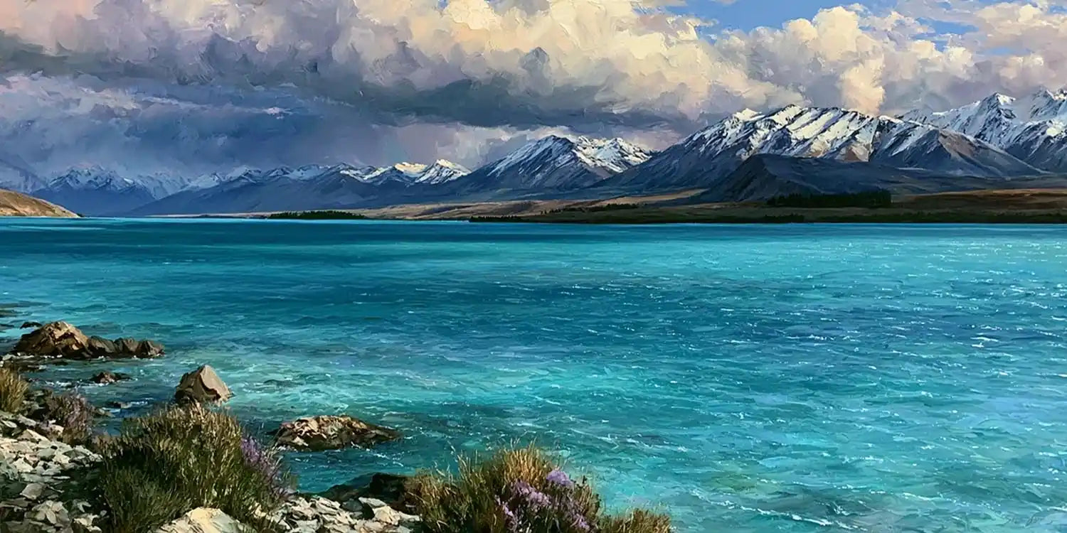 Teal alpine lake canvas print with snow mountains and dramatic clouds for refined living room or bedroom decor.