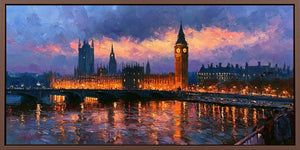 Big Ben London canvas art with Westminster lights and river reflections for sophisticated living room decor.