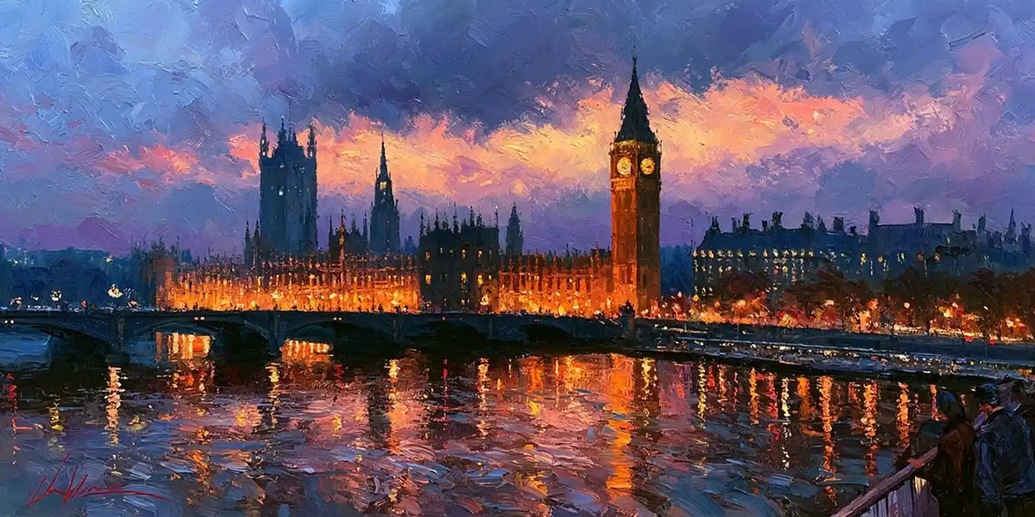 Big Ben London canvas art with Westminster lights and river reflections for sophisticated living room decor.
