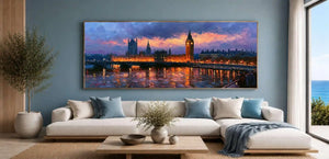 Big Ben London canvas art with Westminster lights and river reflections for sophisticated living room decor.