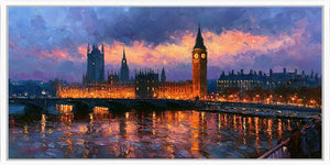 Big Ben London canvas art with Westminster lights and river reflections for sophisticated living room decor.