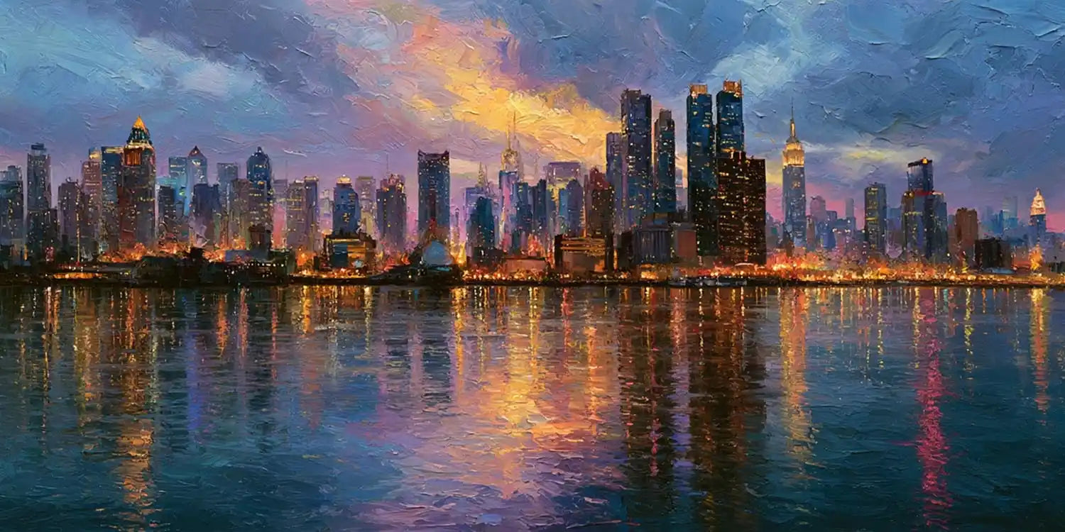 Modern Manhattan skyline canvas print with glowing water reflections for office, loft, or living room decor.