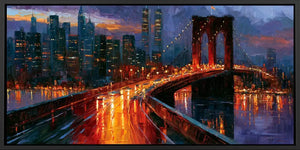Moody Brooklyn Bridge wall art with city lights and reflections for bold office, loft, or living room styling.