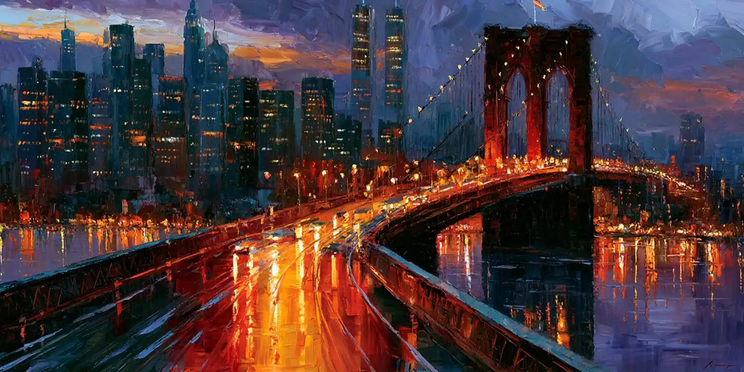 Moody Brooklyn Bridge wall art with city lights and reflections for bold office, loft, or living room styling.