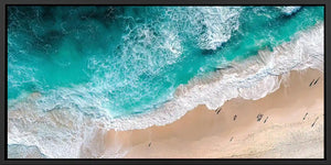 Aerial turquoise beach canvas art with ocean foam for modern coastal decor.